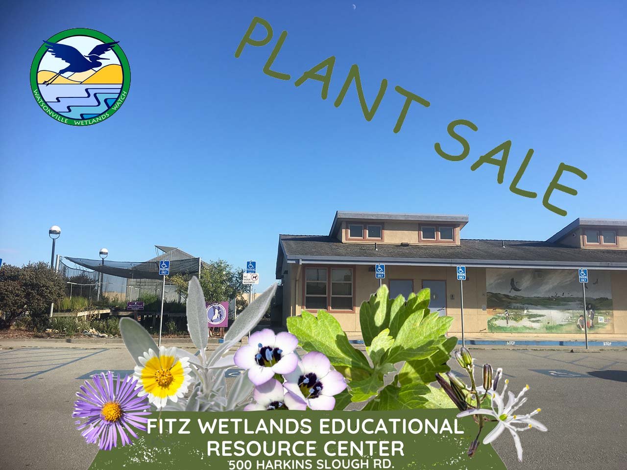 Image of the Fitz Wetlands Educational Center with some plant sale cartoons over it
