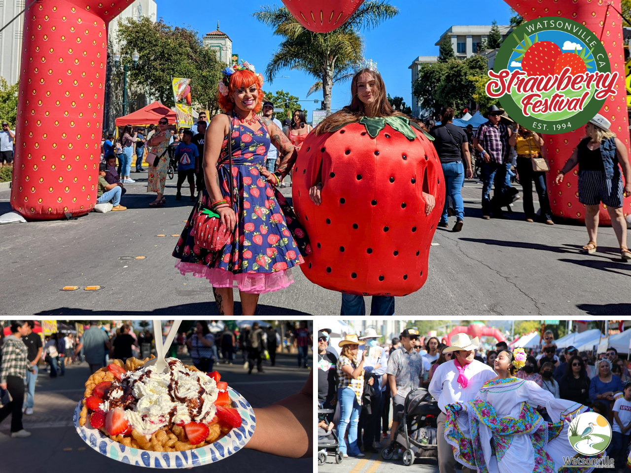People dressed with strawberries, a strawberry pike and a contest