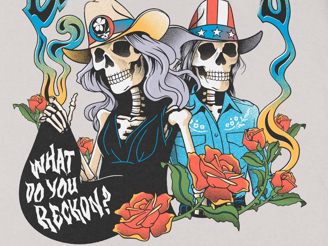 The acoustic duo drawn as Grateful Dead skeletons