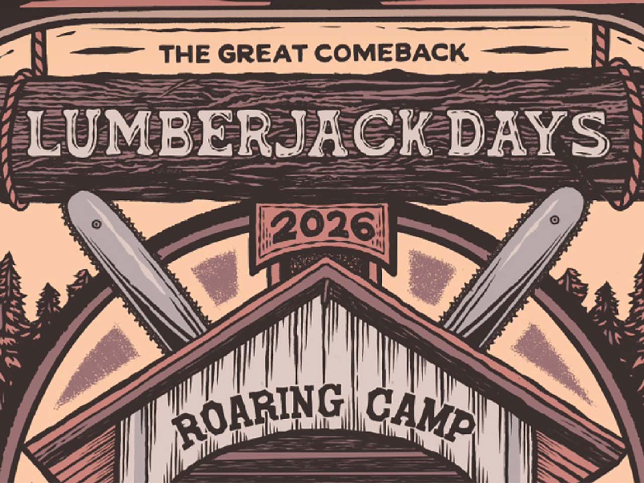 Cartoon of chain saws coming out of the covered bridge at Roaring Camp