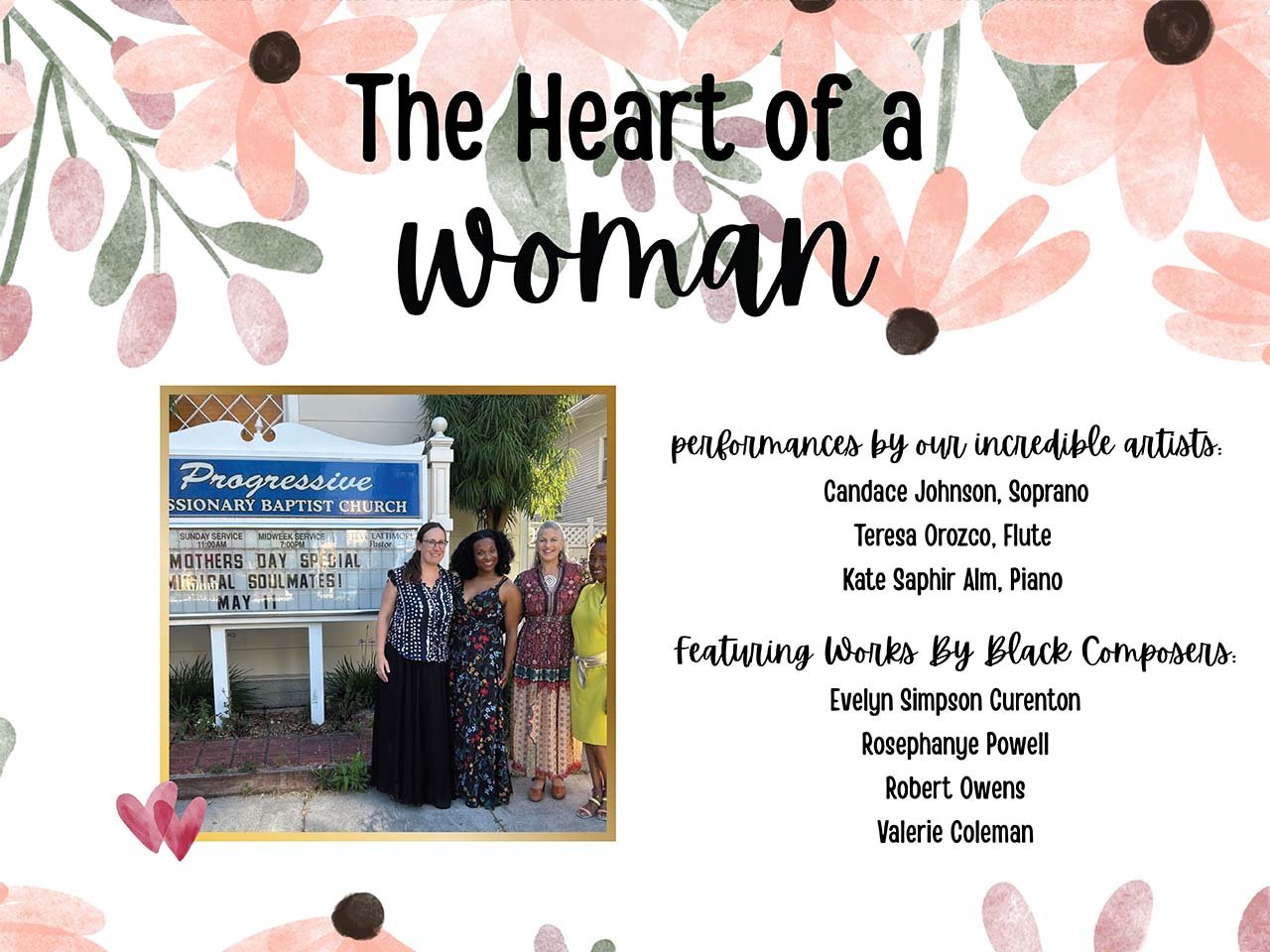 Image of women in front of a church sign with watercolor flowers around the image.