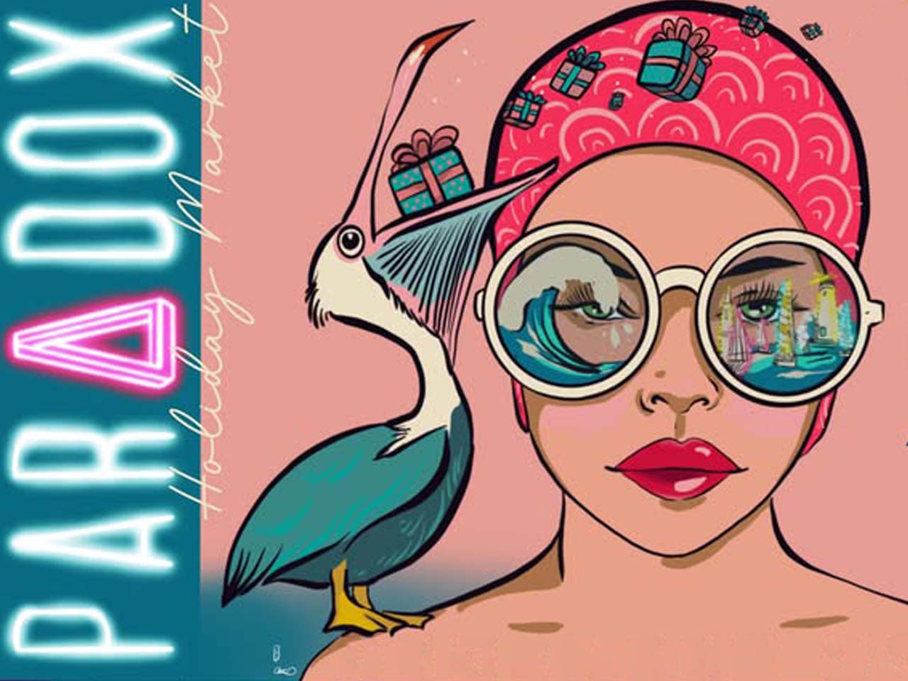 A cartoon pelican sitting on the shoulder of a lady in a swim cap and goggles. Waves and surfboards are reflected in the goggles, and presents are coming out of the pelican beak.