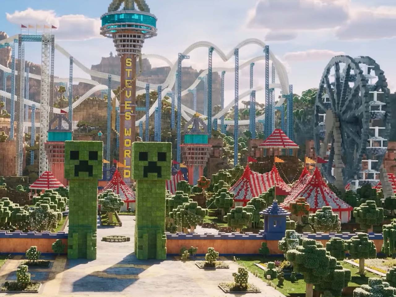 An amusement park that looks blocky as though it were created in the Minecraft universe