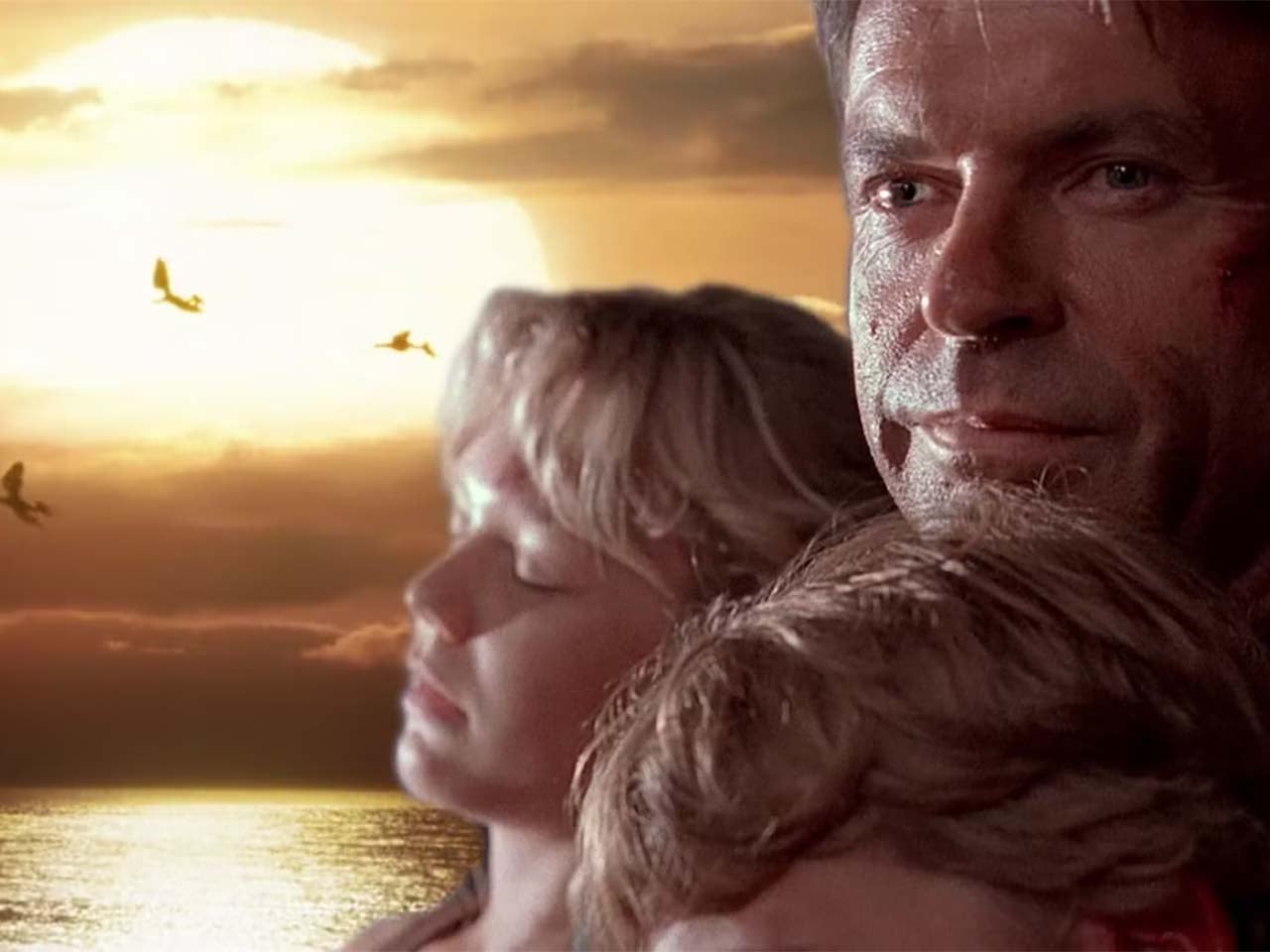 Movie characters resting with flying dinosaurs in the sunset over the ocean