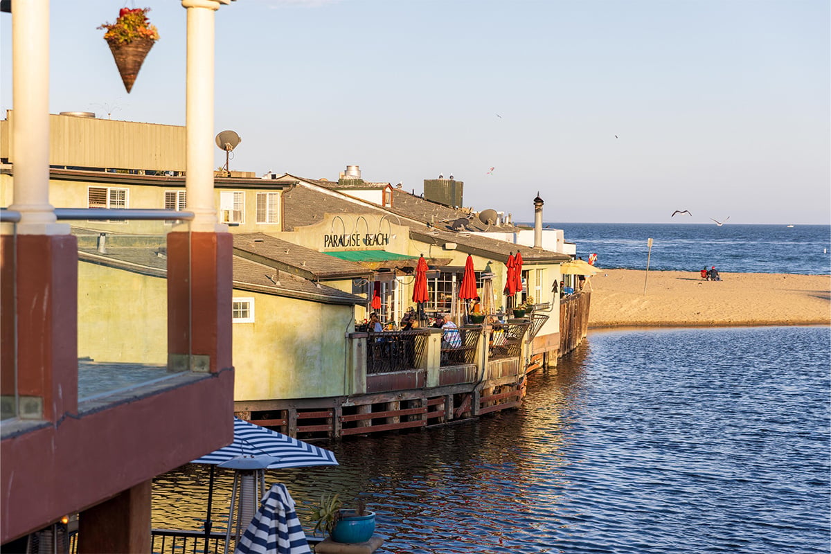 Exterior view of Paradise Beach Grille Patio in Capitola Village overlooking Monterey Bay. Photographed by Daniel Gorostieta
