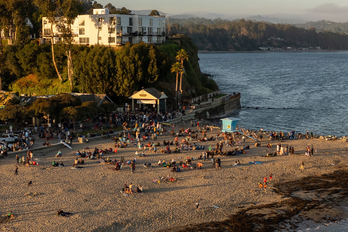 Aerial footage of people enjoying a Twilight Concert in Capitola. Photographed by Daniel Gorostieta