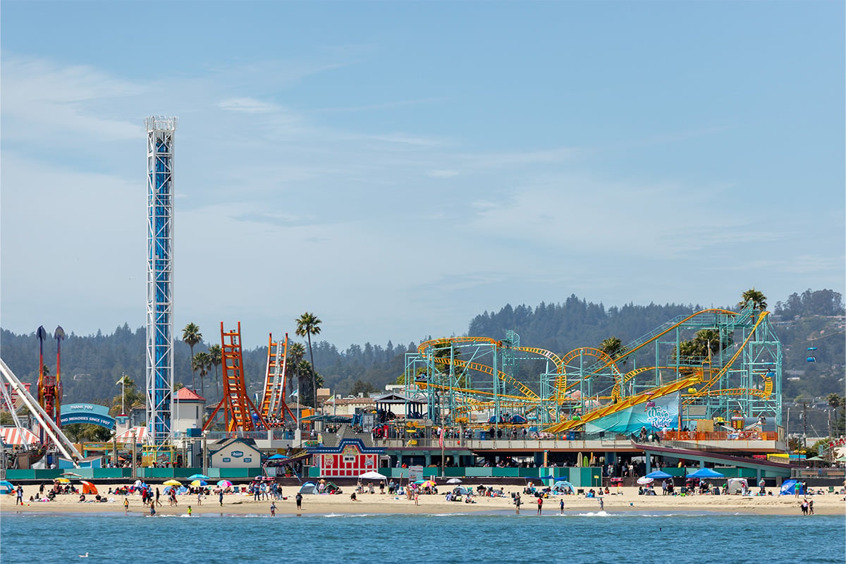 View of Santa Cruz Boardwalk from the Chardonnay Sailing Charter. Photographed by Daniel Gorostieta