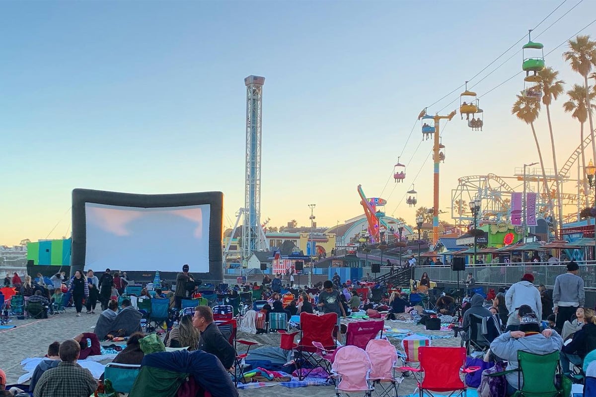 Movie screen on the beach at the Santa Cruz Boardwalk. Photographed by Monica Multer