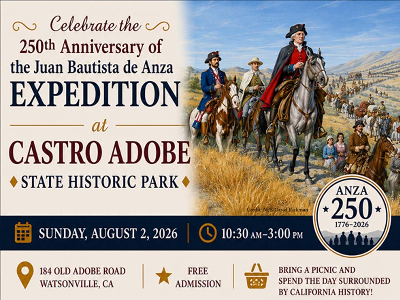 Illustrated depiction of the expedition with folks on horseback and walking through California hills.