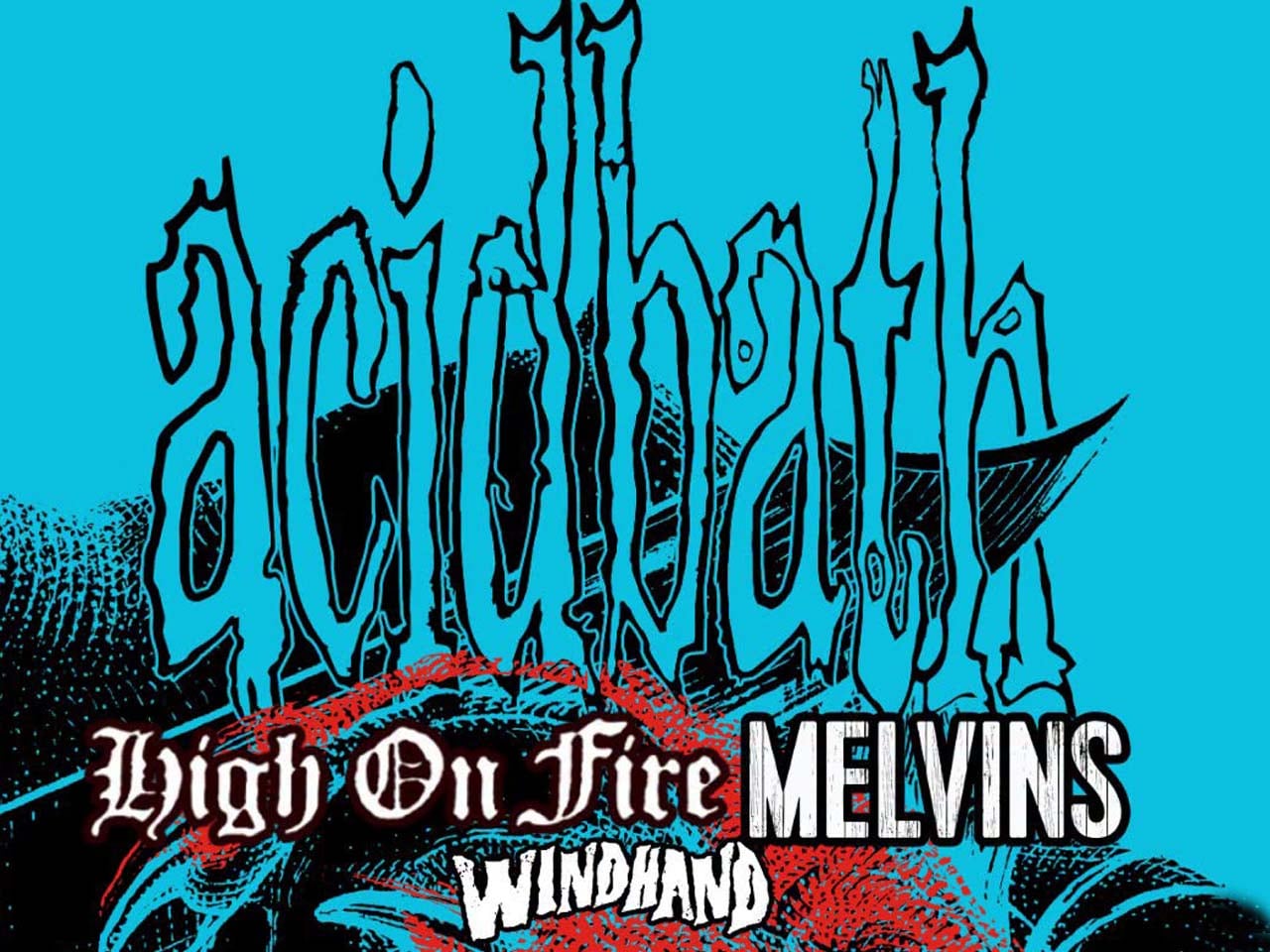 A teal poster of the band names with gothic stylized font