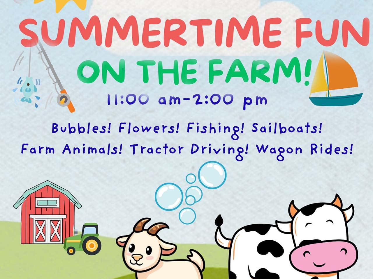 cartoon cow and goat enjoying bubbles with a barn and tractor behind them.