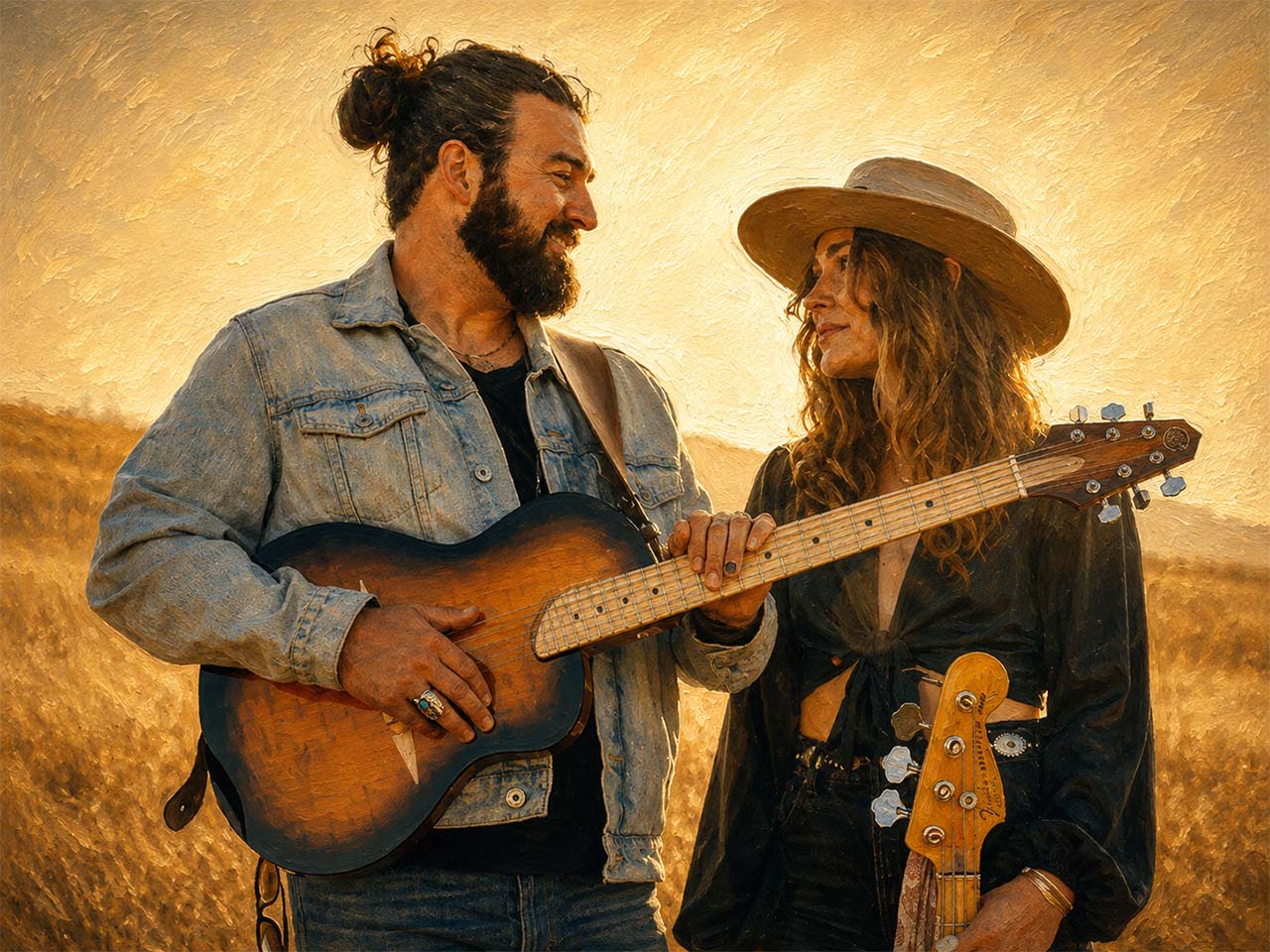 A photo made to look like an oil painting of the Lucero's holding guitars in front of rolling hills