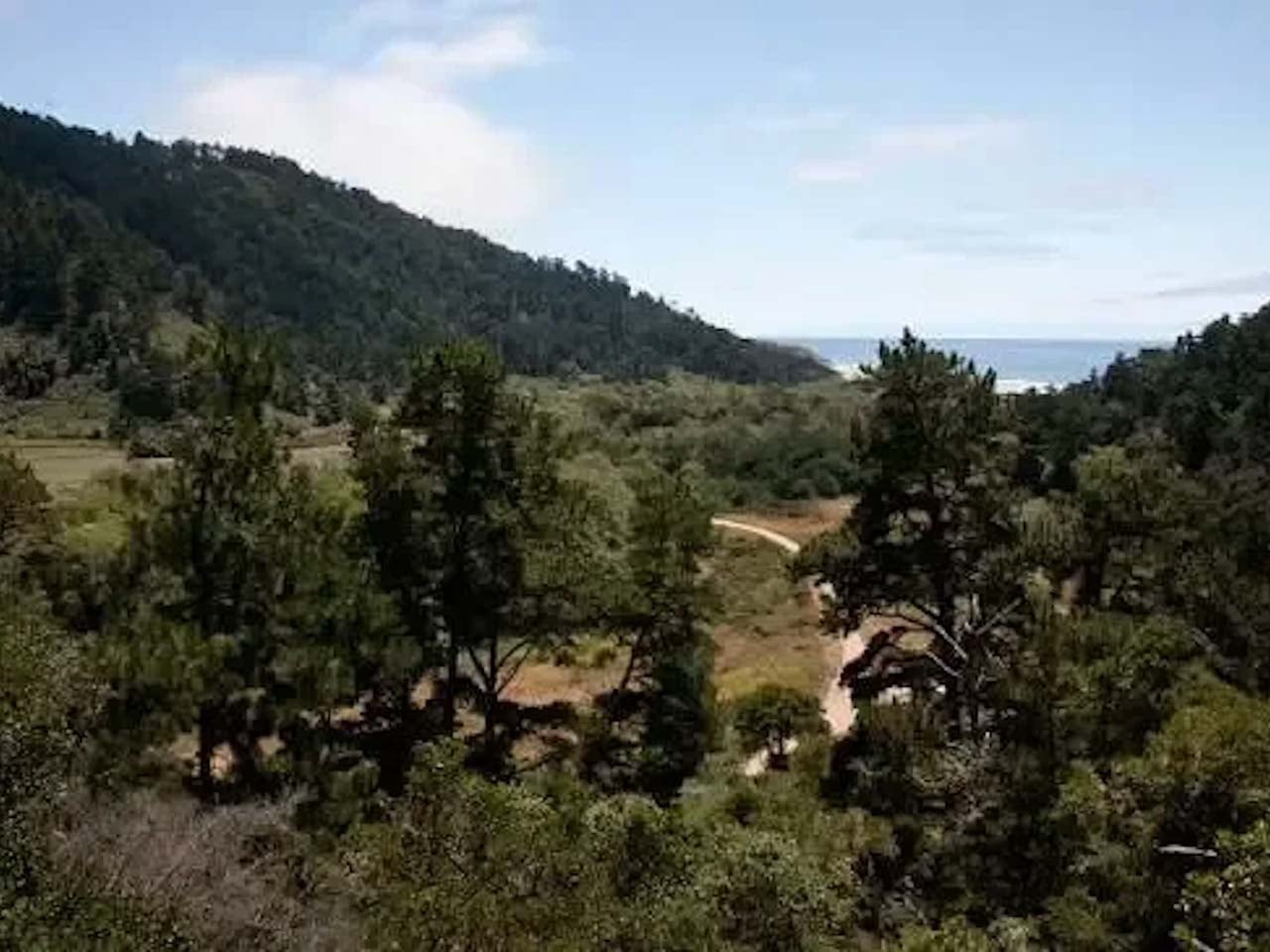 A view of the ocean between forested mountains