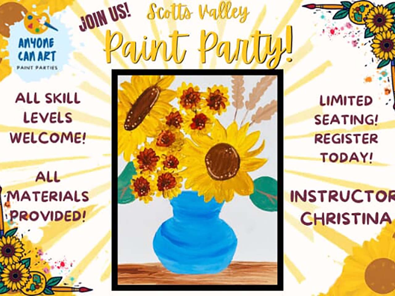 Image of painted sunflowers in a blue vase with information that is in the event description written all around it.