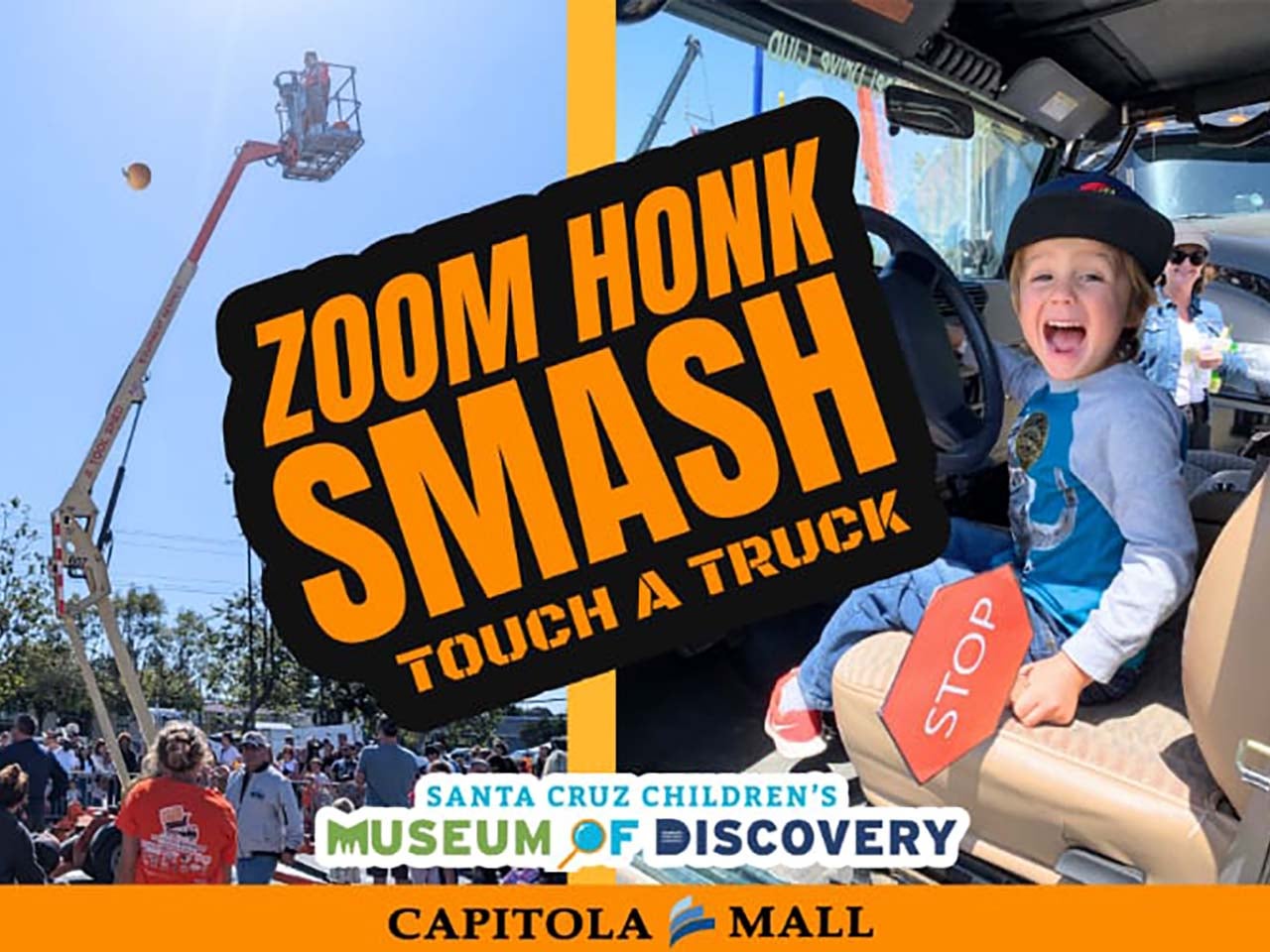 A kid sitting in a truck bed looking amazed as another truck hurls a pumpkin into the sky
