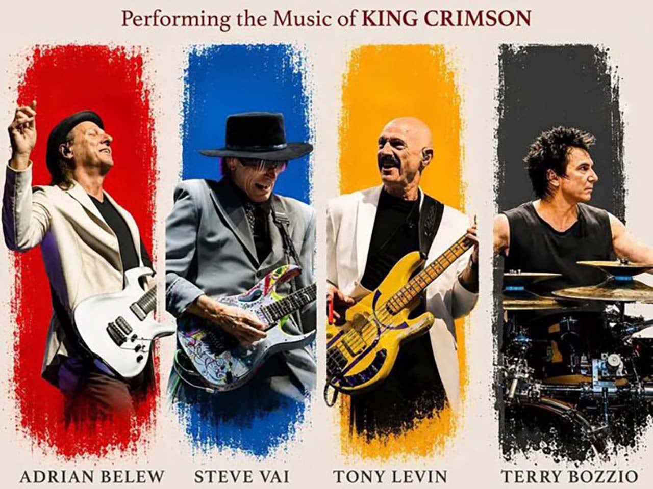 Band members stylized images in front of primary colors