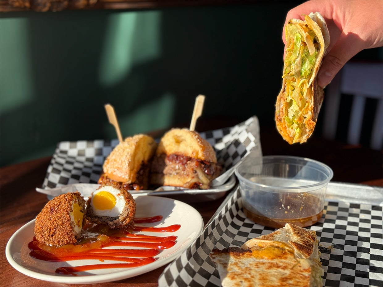 A burger, a wrap and an appetizer from the Midway. Photographed by Monica Multer
