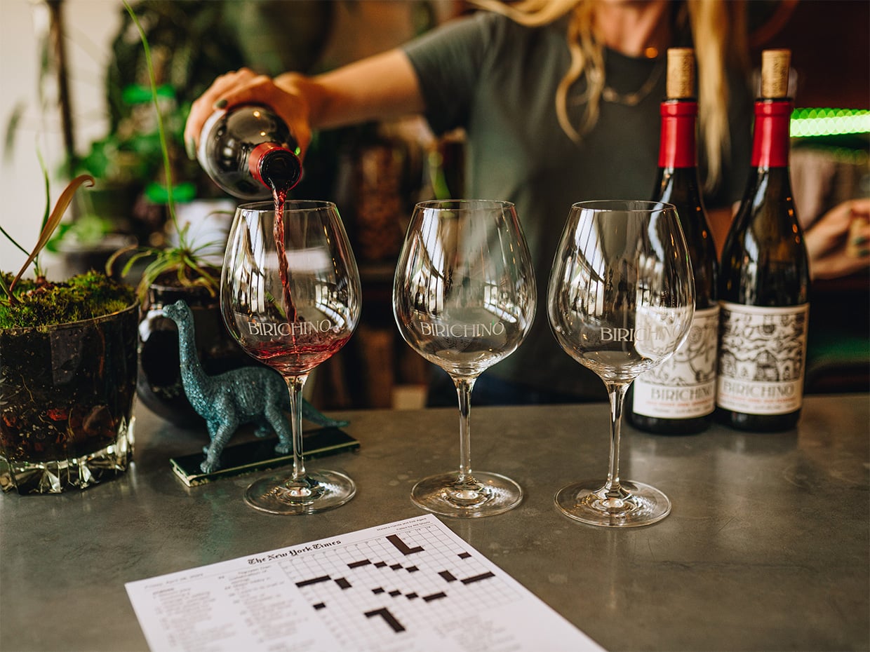 Wine pouring at the Birichino Wine Tasting Room in Downtown Santa Cruz. Photographed by Liz Birnbaum, the Curated Feast