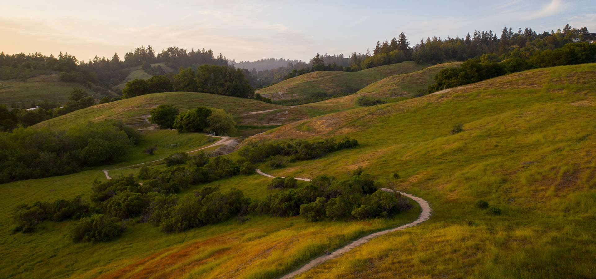 Rolling hills in autumn colors with the warm glow of the sky at Glenwood Open Space. Photographed by Ben Ingram