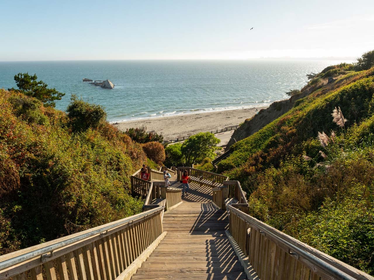 A wooden staircase that goes down to a beach with a sunken ship off the shore